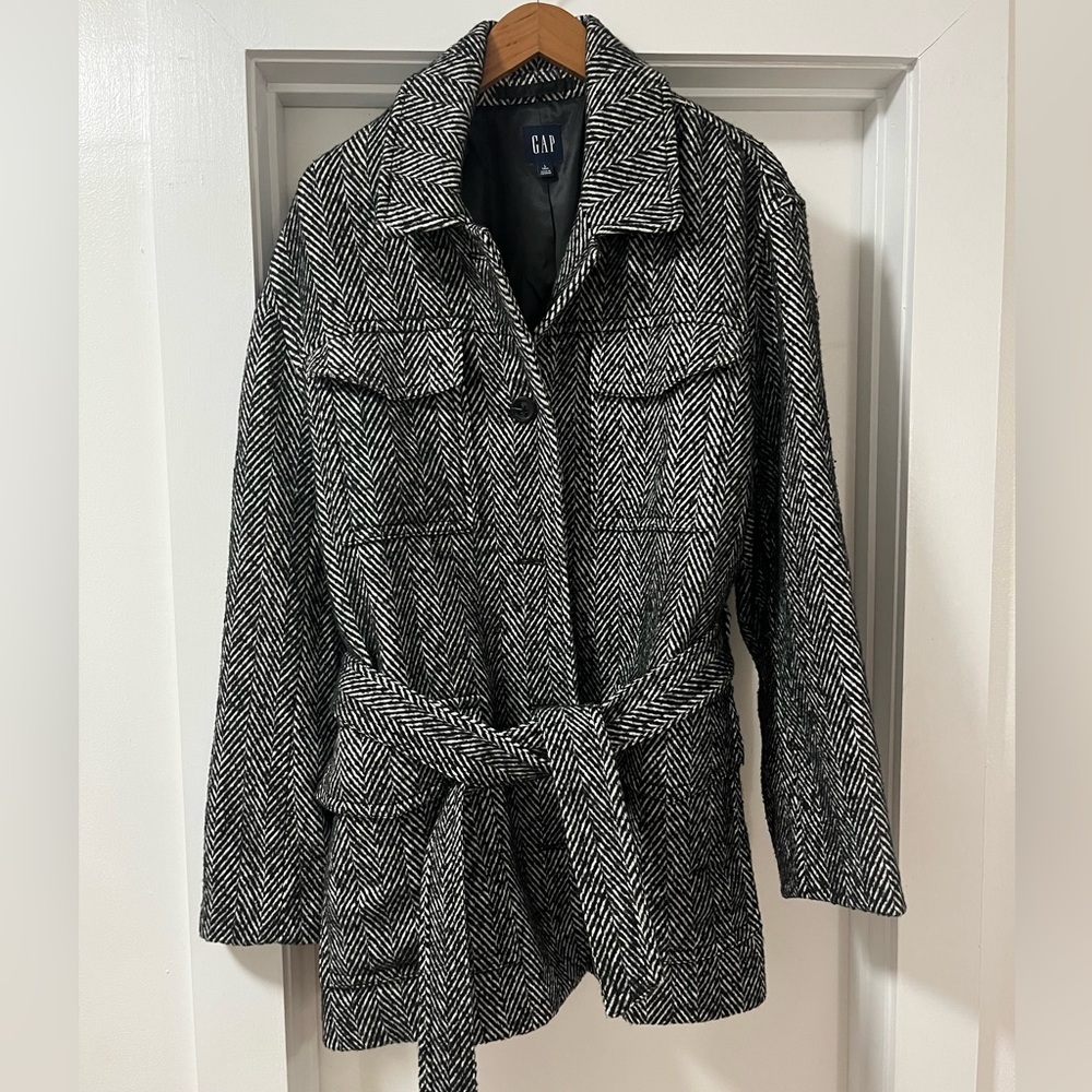 GAP Herringbone Black and White Trench Coat Large Tall